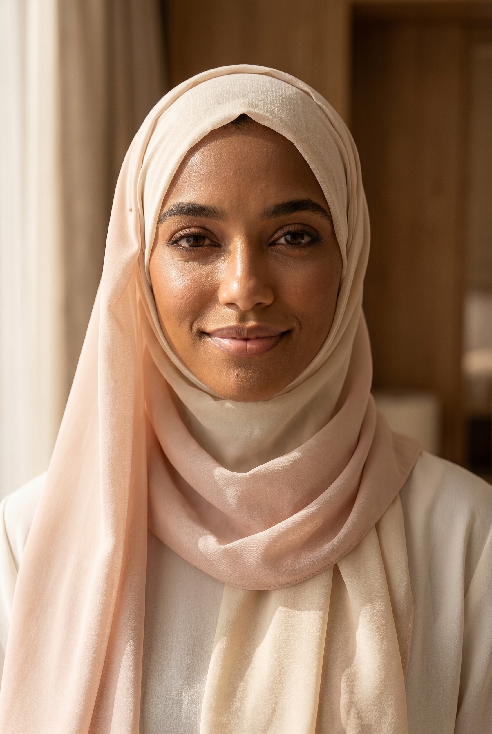 Salma at home in a cream and blush hijab